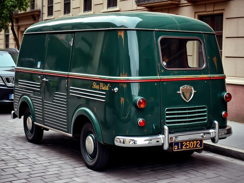 1950s dark green vintage van on cobblestone street