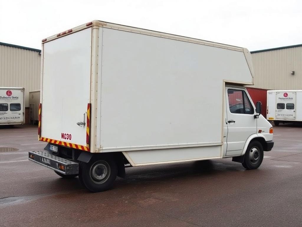Classic 1980s box van in white on an industrial estate