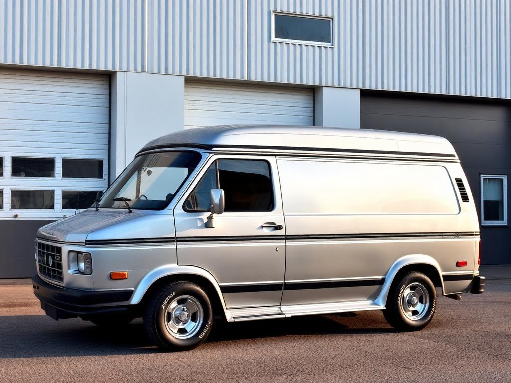 Classic 1990s silver panel van outside a warehouse